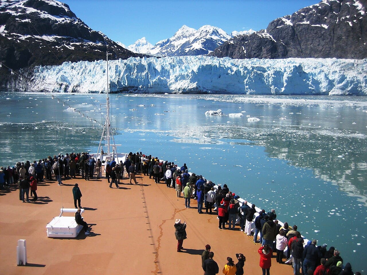 View of glaciers and mountains from the deck of a cruise ship in Glacier Bay